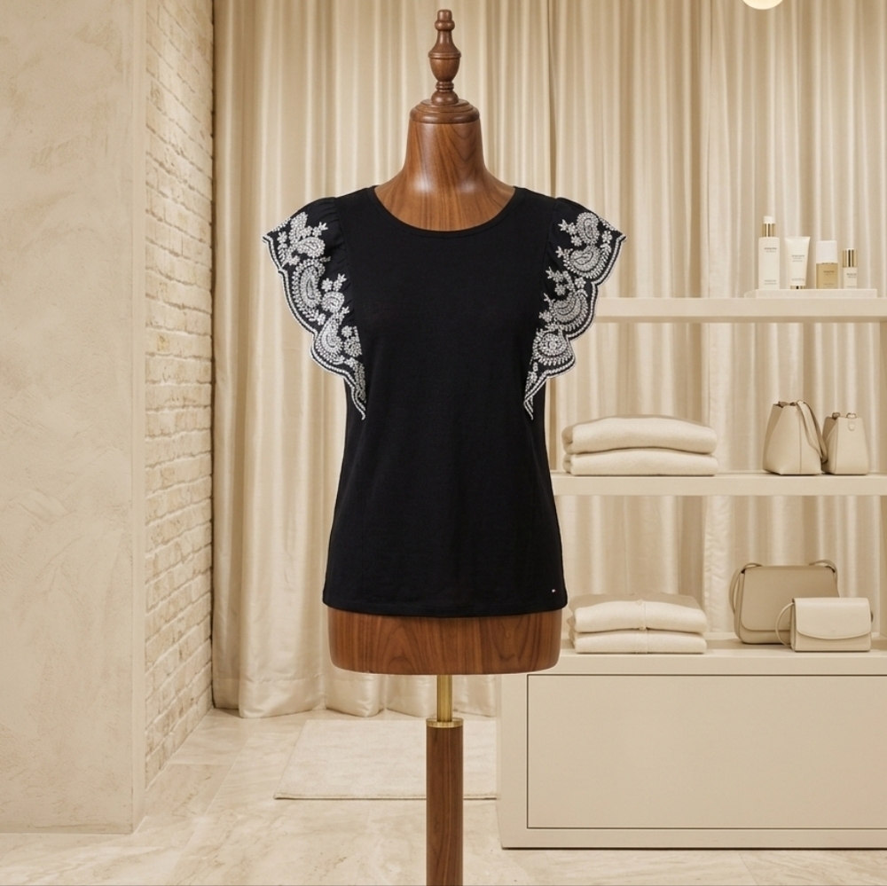 Tommy Hilfiger Black White Flutter Sleeve Embroidered Top Size S
